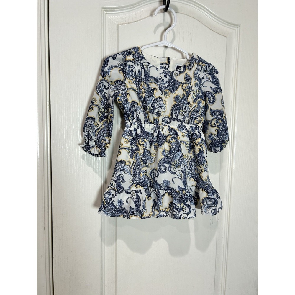 Janie and Jack Infant Blue White Gold Paisley Ruffle Dress Size 6-12 Months